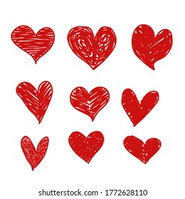 Dibujo manual del vector del corazón. Estilo de boceto de arte de forma cardíaca, símbolo de amor ilustración vectorial diseño gráfico para valentina, celebración de decoración romántica de boda, color rojo aislado
