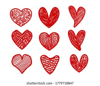 Heart vector set hand drawing. Heart shape doodle art sketch style, love icon symbol vector illustration graphic design for valentine, wedding romantic decoration celebration, red color, isolated
