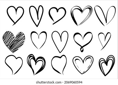 Heart vector set hand drawn. Black ink heart shape doodle art scratch  scribble sketch. love symbol brush stroke, Element graphic design valentine, wedding, marriage, romantic , celebration, eps 10
