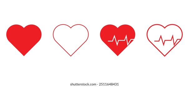 Conjunto de Vector de corazón. Línea de corazón amor signos de Vector aislados sobre un fondo. Estetoscopio con el icono simple del Vector del corazón aislado sobre fondo blanco. Ilustración de corazón simple. 