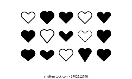 Heart vector. Set of love icons black hearts shape. Hand drawn cartoon design isolated on white background.  Elements for Valentines. Symbols of love. Vector illustration.