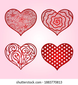 Heart vector set. Valentine's Day.  Paper cut templates with carved pattern. Card, wedding invitations. Decorative stencils. Holiday symbol. For laser, plotter cutting, printing on t shirts.
