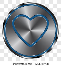 Heart vector simple icon on metal round button. Transparent grid