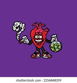 caricatura de nug weed humeante de vectores de corazón