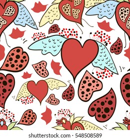 Heart vector with wings and lips seamless pattern. 