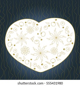 Heart vegetable. Golden or bronze element for your design. White heart with natural food over dark background
