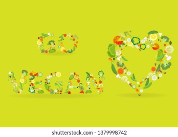 Heart of vegetable pattern with an inscription go vegan, for web and print decoration, vector illustration on green background