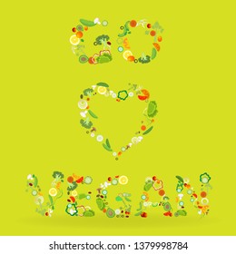 Heart of vegetable pattern with an inscription go vegan, for web and print decoration, vector illustration on green background
