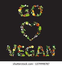 Heart of vegetable pattern with an inscription go vegan, for web and print decoration, vector illustration on black background