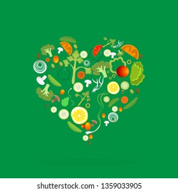 Heart of vegetable pattern for web and print decoration, vector illustration on green background