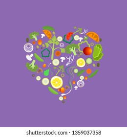 Heart of vegetable pattern for web and print decoration, vector illustration on violet purple background