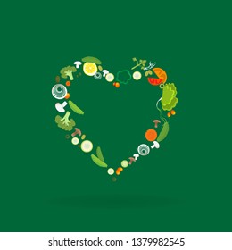 Heart of vegetable pattern for web and print decoration, vector illustration on green background
