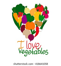 Heart vegetables agriculture. Concept text: I love vegetables. Color image isolated on a white background. Vector illustration. 