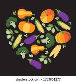 Heart of vegetables, broccoli, pumpkin, corn, olives, eggplant isolated on black background for design. Flat vector stock illustration with healthy foods as a concept of veganism, vegetarianism