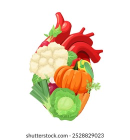 A heart of vegetables on a white background. Vegetarianism. Healthy nutrition and heart care. Vector illustration.