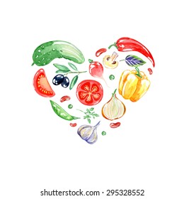 Heart from vegetables. Set of vegetarian food. Watercolor background. Tomato,  cucumber, garlic, pepper, peas, bean, basil, olives, fungi, radish, onion. Isolated elements for easy use.