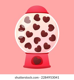 Corazón en máquina expendedora llena de corazones de chocolate con fondo rosado. ilustración con vidrio transparente. Día de San Valentín.
