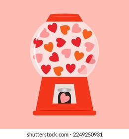 Heart in vending machine filled with red blue and white bubble gum hearts on pink background. illustration with transparent glass. Valentine's day.