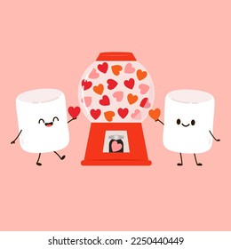 Heart in vending machine filled with red blue and white bubble gum hearts on pink background. illustration with transparent glass. Valentine's day. marshmallow cartoon.