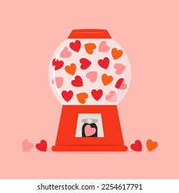 Heart in vending machine filled with red blue and white bubble gum hearts on pink background. illustration with transparent glass. Valentine's day.