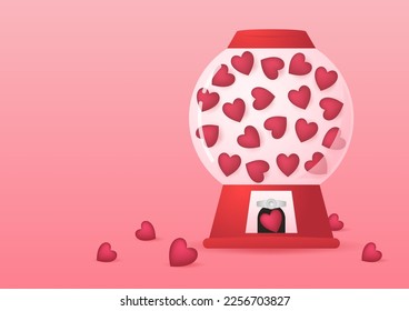 Heart in vending machine filled with red blue and white bubble gum hearts on pink background. illustration with transparent glass. Valentine's day.