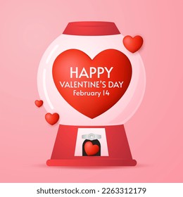 Heart in vending machine filled with red blue and white bubble gum hearts on pink background. illustration with transparent glass. Valentine's day.