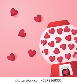 Heart in vending machine filled with red blue and white bubble gum hearts on pink background. illustration with transparent glass. Valentine's day.