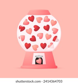 Heart in vending machine filled with red blue and white bubble gum hearts on pink background. illustration with transparent glass. Valentine's day.