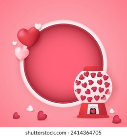 Heart in vending machine filled with red blue and white bubble gum hearts on pink background. illustration with transparent glass. Valentine's day.