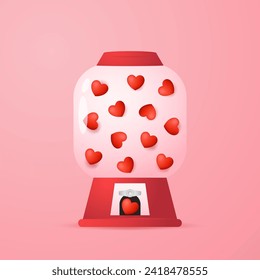 Heart in vending machine filled with red blue and white bubble gum hearts on pink background. illustration with transparent glass. Valentine's day.