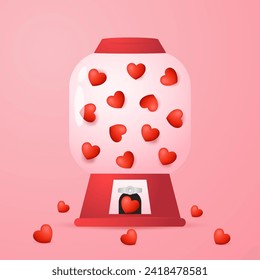 Heart in vending machine filled with red blue and white bubble gum hearts on pink background. illustration with transparent glass. Valentine's day.