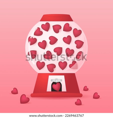 Heart in vending machine filled with red blue and white bubble gum hearts on pink background. illustration with transparent glass. Valentine
