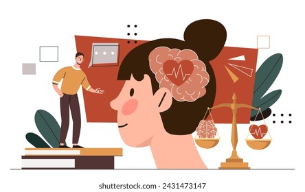 Heart versus brain decision. Man with big head of woman. Analyzing at solutions. Emotions vs logic. Mental processes and psychology. Cartoon flat vector illustration isolated on white background