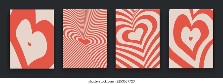 Heart Vertical. Abstract Psychedelic Strip in red, pink colors. Twist Love in Retro Style 60s, 70s. Background of Happy Valentines day for banner, cover, poster. Vector illustration
