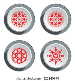 Heart view snowflake icon set. Christmas, Valentine day, birthday symbol. Unusual snow flakes. Red silhouettes on white gray 3d button. Vector isolated