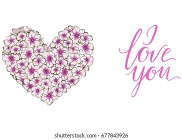 Heart of violets flowers lettering I LOVE YOU isolated on white background. Vector