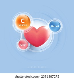 Heart with vitamin c, Q10 and fish oil. heart cartoon vector. healthcare and medical concept. heart is hurt and sad unhealthy for health care, hospital. vector design.