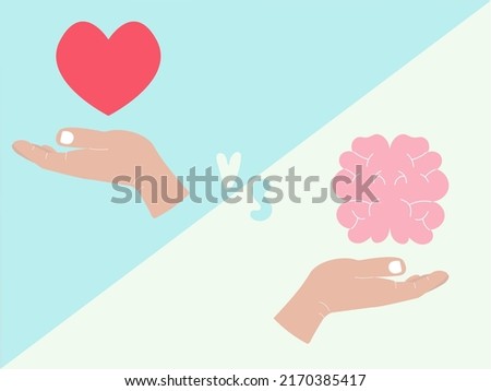 Heart vs brain. Balance of mind and feelings concept. Flat vector illustration