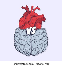 Corazón vs cerebro. Concepto de mente contra la lucha de amor, difícil elección. Ilustración vectorial dibujada a mano.