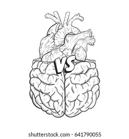Heart vs brain. Concept of mind against love fight, difficult choice. Hand drawn black and white vector illustration.