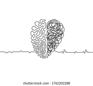 Heart vs brain continuous line drawing concept, emotions with rationality vector illustration in one line style, simple metaphor of the duality of human personality