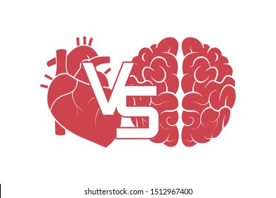 Heart vs brain, logic and feel choice concept, flat style icon. isolated on white background