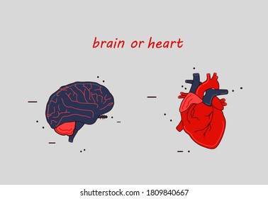 Heart vs brain, logic and feel choice concept, isolated icons vector illustration.