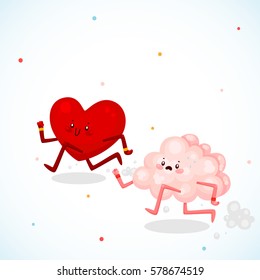 Heart vs brain, logic and feel, cartoon characters.