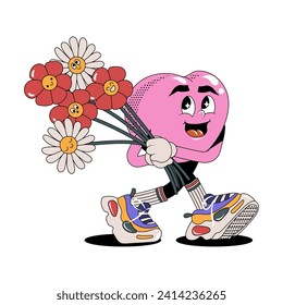 El corazón camina trayendo un ramo de flores. Groovy adorable pegatina al corazón. Concepto de amor. Feliz Día de San Valentín. Funky personaje de corazón feliz en el moderno estilo de dibujos animados retro de los años 70. Ilustración del vector