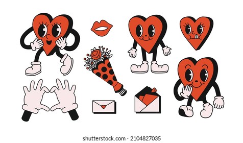 Heart Walking Mascot Vector Illustration With Face. Old Retro Style Vintage Cartoon Character For Valentines Day Cards And Celebrations. Red Hearts Romance, Different Poses And Expressions