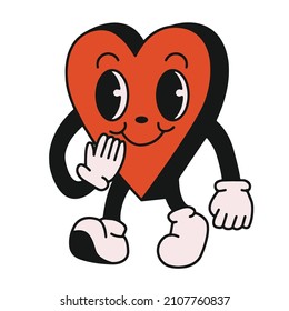 heart walking mascot vector illustration with face. Old retro style vintage cartoon character for valentines day cards and celebrations. red hearts romance, different poses and expressions