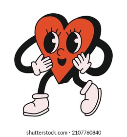 heart walking mascot vector illustration with face. Old retro style vintage cartoon character for valentines day cards and celebrations. red hearts romance, different poses and expressions