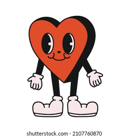 heart walking mascot vector illustration with face. Old retro style vintage cartoon character for valentines day cards and celebrations. red hearts romance, different poses and expressions