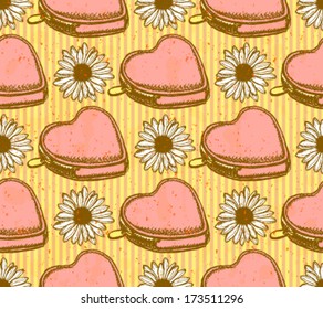 Heart wallet and daisy, vector sketch seamless pattern
